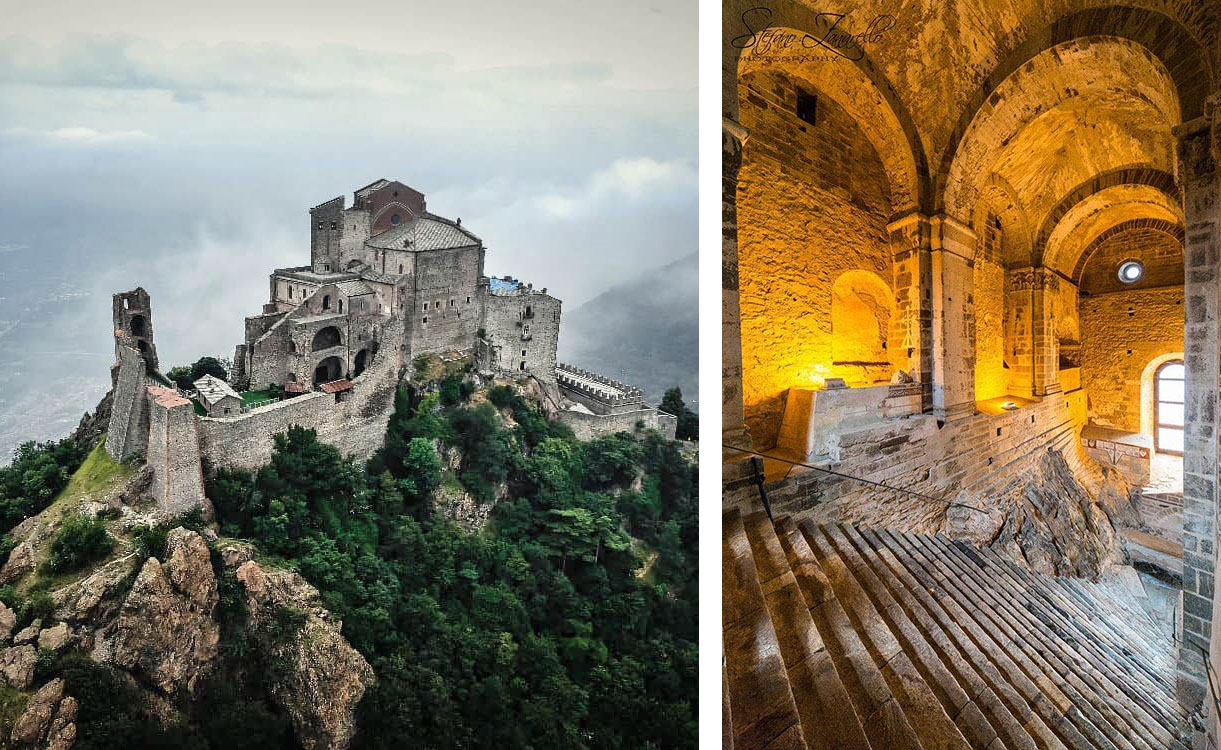  Sacra di San Michele: vista dall'alto (Luca Martinacci) e Scalone dei morti (Stefano Zanarello)